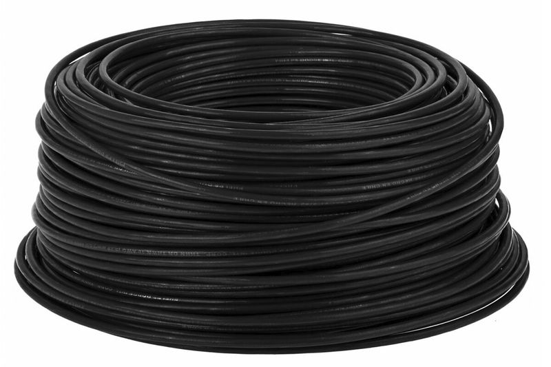 Cable THHN negro de calibre 10 Phelps Dodge, enrollado en forma de bobina sobre fondo blanco