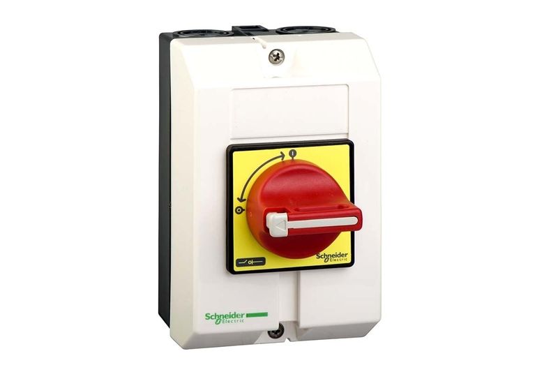 Seccionador 3F Vario Schneider Electric de 32 Amp, frente de cofre blanco con perilla giratoria roja y fondo amarillo