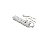 Regleta eléctrica 15 A Leviton de 6 salidas y 25 KA, vista diagonal en color blanco con interruptor rojo encendido