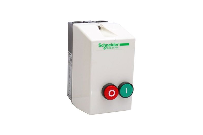 Arrancador en caja sin relé 220 V 25 Amp Schneider Electric, caja blanca con botones de encendido verde y apagado rojo