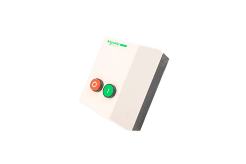 Arrancador en caja sin relé 220V Schneider de 25 amp, vista lateral con botones rojo y verde sobre caja blanca
