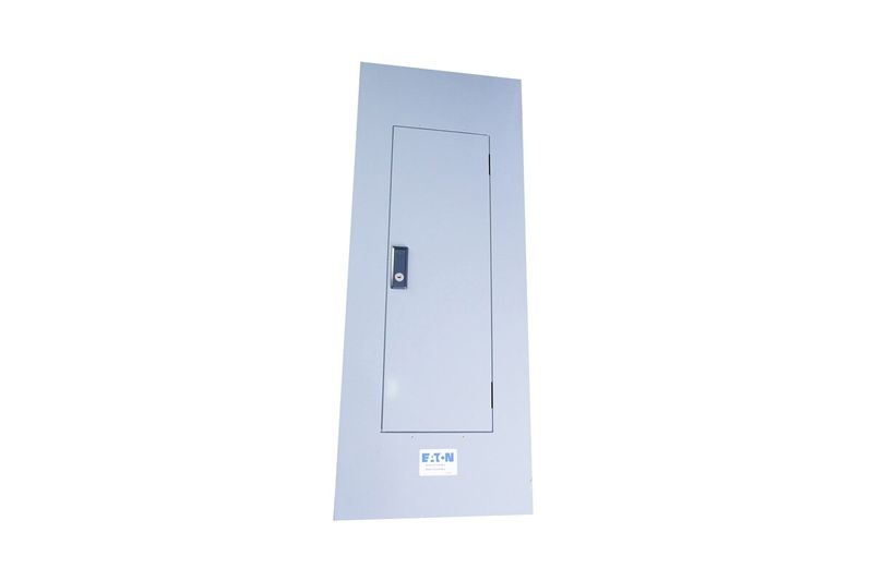 Tablero CHP 1F 120-240V 30 espacios 225AMP Eaton, vista frontal cerrada de la caja metálica gris con logo blanco
