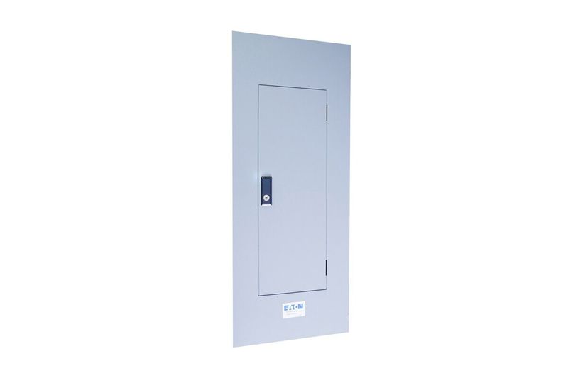 Tablero CHP 1F 120-240V 30 espacios empotrar 225 amp Eaton, vista frontal del gabinete gris cerrado con logo de la marca