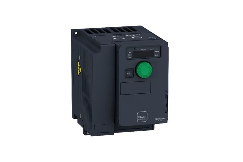 Variador de velocidad 3F ATV12 - ATV312 - ATV320 240V Schneider Electric de 2 HP y 1.5 kW, frente con dial verde