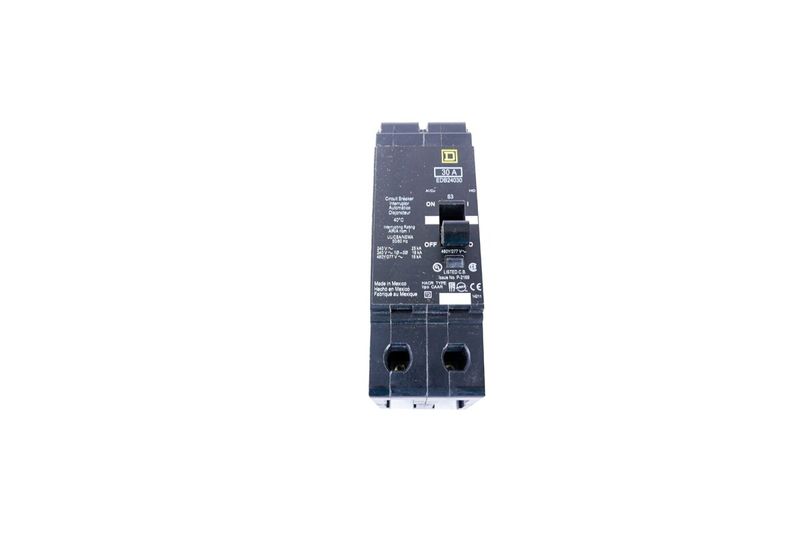 Breaker atornillable 2P 277-480V Square D de 30 AMP, vista frontal del interruptor negro con palanca de encendido y apagado