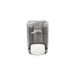 Dispensador jabón rellenable mini 0.4 L Azur mini Jofel, vista frontal del cuerpo translúcido con botón blanco y logo