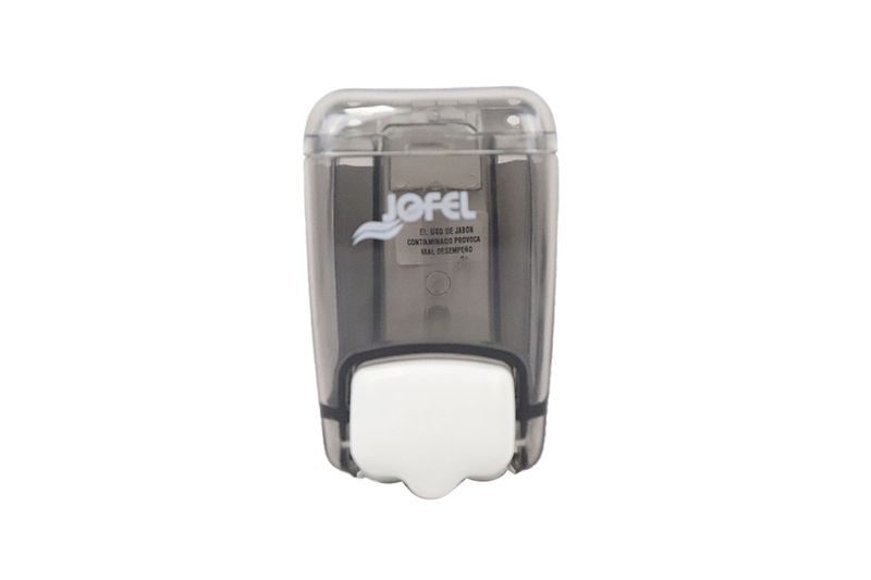 Dispensador jabón rellenable mini 0.4 L Azur mini Jofel, vista frontal del cuerpo translúcido con botón blanco y logo