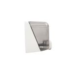Dispensador jabón rellenable mini 0.4 L Azur mini Jofel, vista lateral del depósito transparente y cuerpo blanco