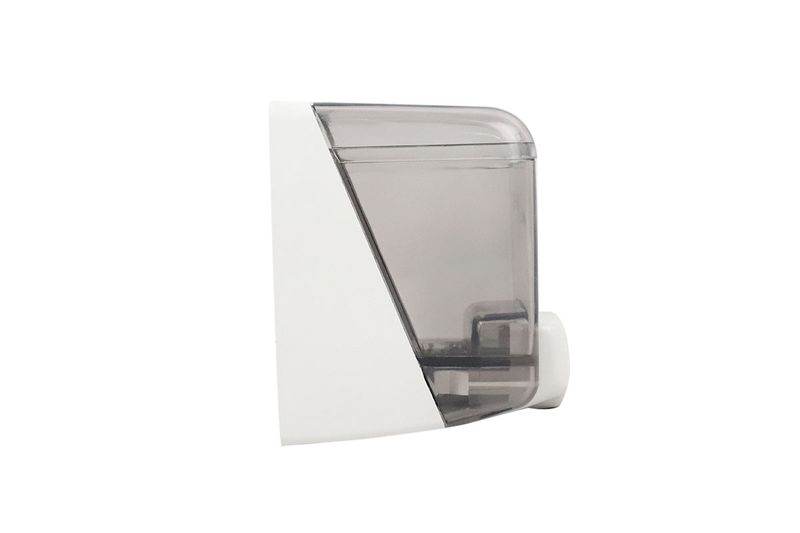Dispensador jabón rellenable mini 0.4 L Azur mini Jofel, vista lateral del depósito transparente y cuerpo blanco