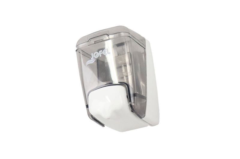 Dispensador jabón rellenable mini 0.4 l Azur mini Jofel, vista lateral con depósito transparente y base blanca