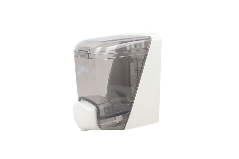 Dispensador de jabón rellenable mini 0.4 L Azur mini Jofel, vista lateral del depósito transparente y cuerpo blanco