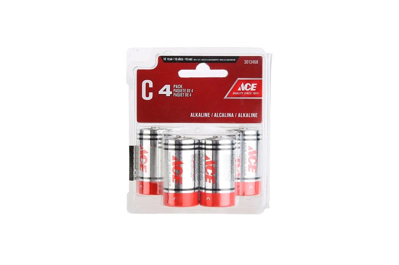 Batería alcalina C 4 piezas Ace, paquete blíster transparente con cuatro baterías de color plata y rojo