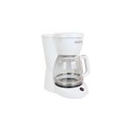 Cafetera 12 tazas blanca filtro permanente Black + Decker, vista frontal en ángulo con jarra de vidrio vacía