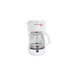 Cafetera 12 tazas blanca filtro permanente Black + Decker, vista frontal con jarra de vidrio y botón de encendido rojo