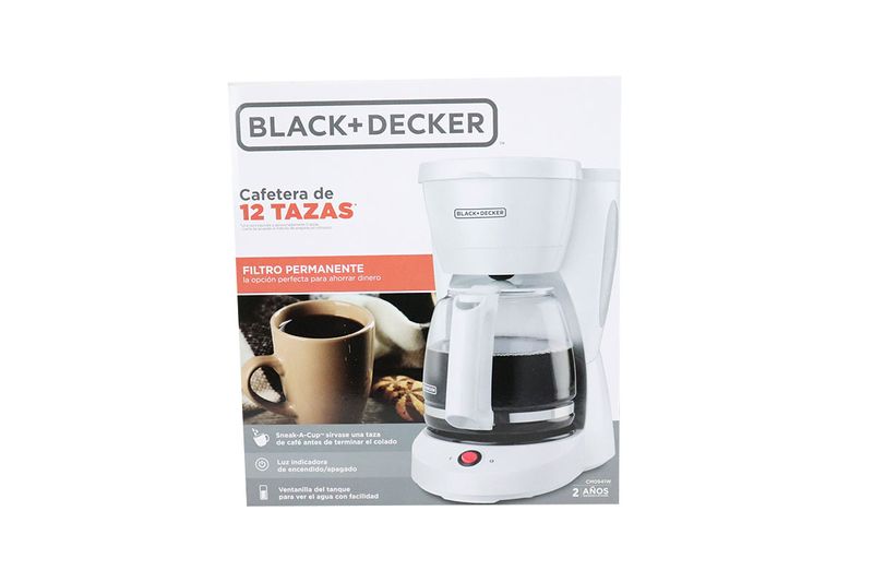 Cafetera de 12 tazas blanca con filtro permanente Black + Decker, vista frontal de la caja con ilustración del equipo