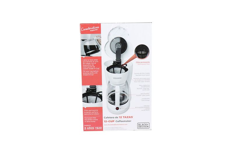 Cafetera de 12 tazas blanca con filtro permanente Black + Decker, parte trasera de la caja con descripción de características