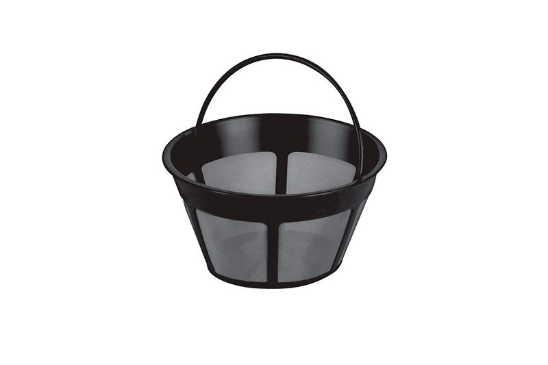 Cafetera 12 tazas blanca filtro permanente Black + Decker, detalle del filtro permanente de malla negra y asa