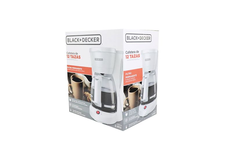 Cafetera de 12 tazas blanca con filtro permanente Black + Decker, vista frontal de la caja con ilustración del producto