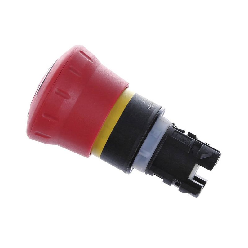 Paro de emergencia iluminado 22 mm rojo Siemens, vista lateral del botón y sus contactos eléctricos inferiores