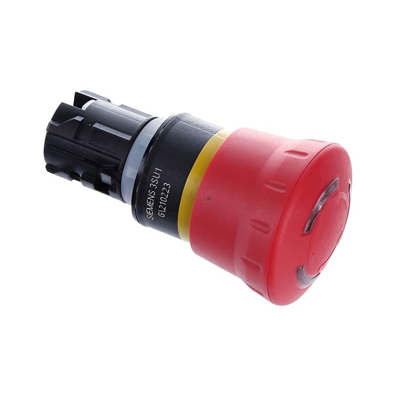 Paro de emergencia iluminado 22 mm rojo Siemens, vista lateral del botón con cuerpo negro y base amarilla