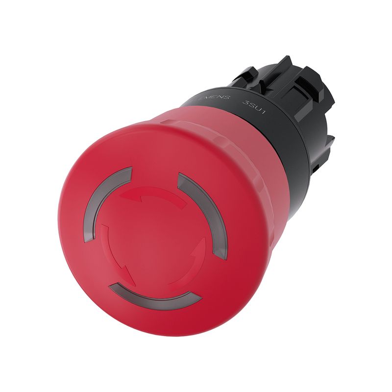 Paro de emergencia iluminado 22 mm rojo Siemens, vista diagonal del botón rojo con base negra y flechas giratorias
