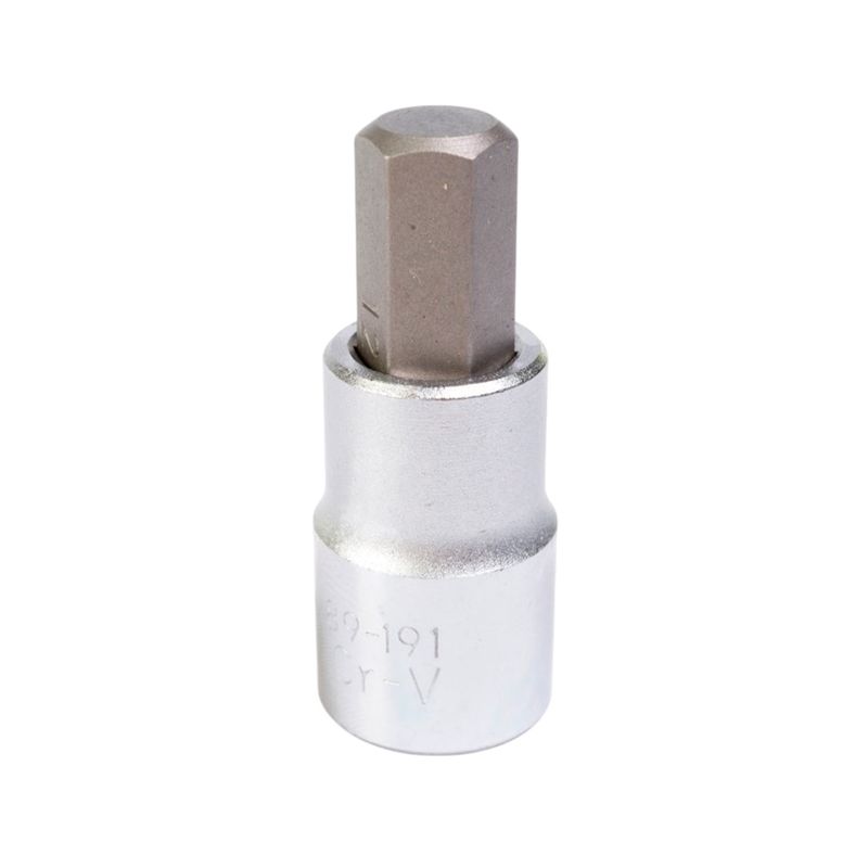Dado punta hexagonal 1/2 x 12 mm Stanley, vista frontal del dado plateado con la punta hexagonal expuesta