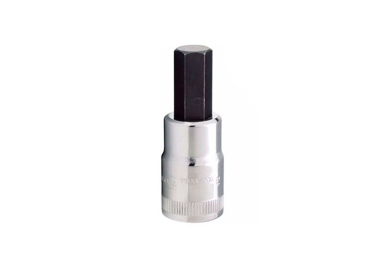 Dado punta hexagonal 1/2 x 17 mm Stanley, vista frontal del cuerpo cromado y la punta negra