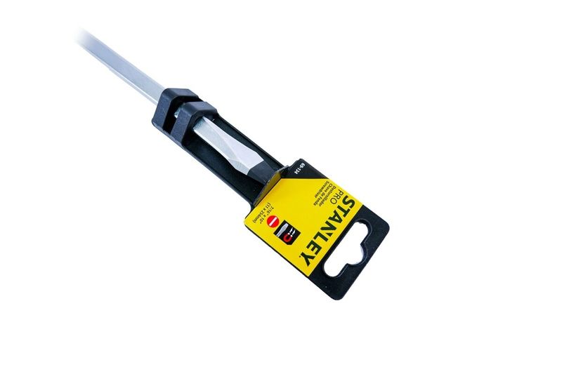 Destornillador pro barra cuadrada 3/8 x 10 ranura Stanley, detalle del empaque plástico negro y amarillo con logo