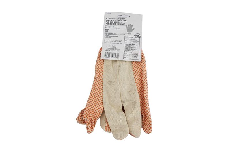 Guante de tela uso múltiple Ace, par de guantes color crema con puntos naranjas y su etiqueta blanca superior