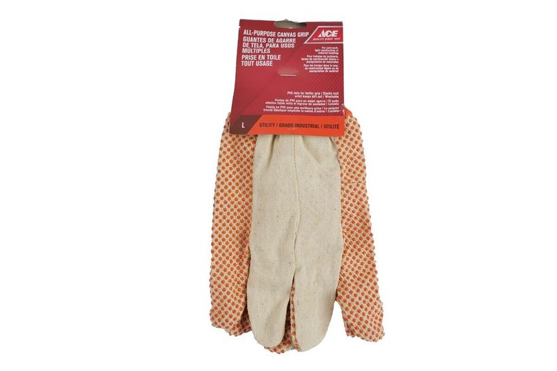 Guante de tela uso múltiple Ace, par de guantes color crema con puntos naranja y empaque rojo