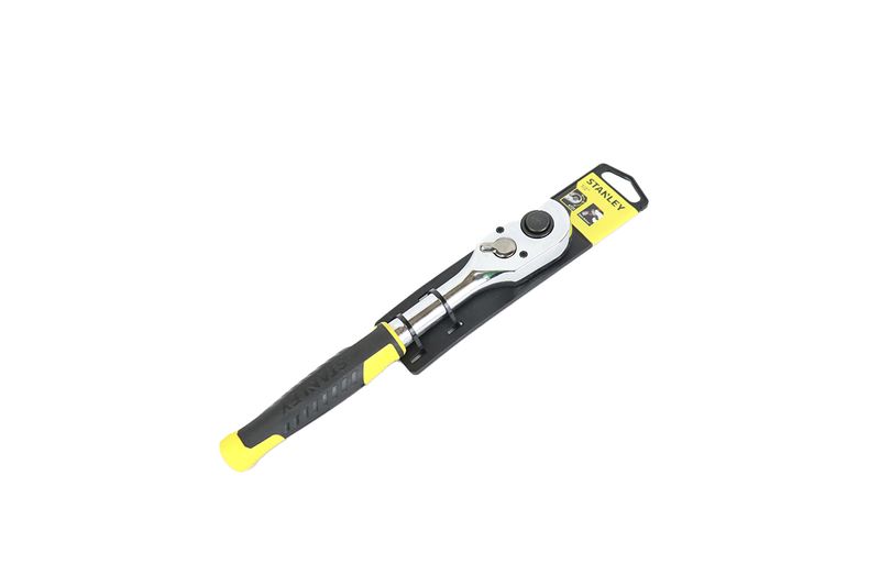 Rachet 1/2 pulgada 72 dientes Stanley, herramienta con mango negro y amarillo fijada en su empaque de cartón