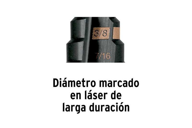 Broca escalonada HSS 1/8 a 1/2 de 13 escalones Truper, detalle de los diámetros 3/8 y 7/16 marcados con láser