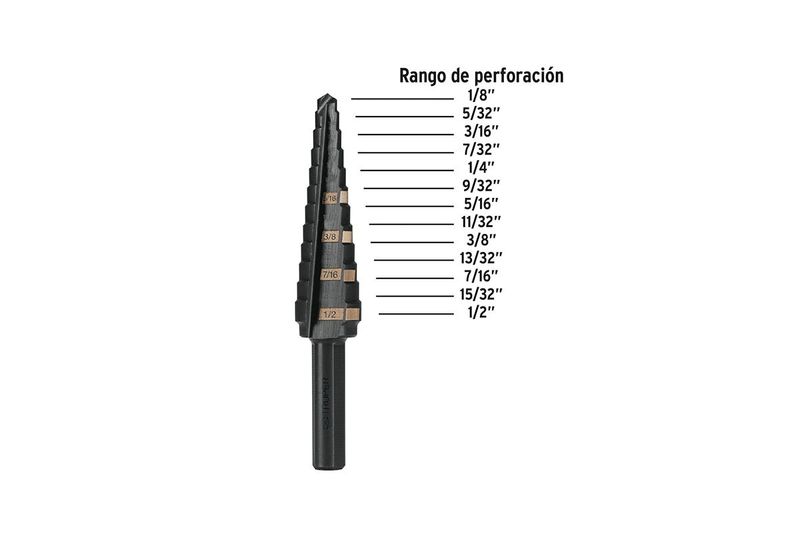 Broca escalonada HSS 1/8 a 1/2 de 13 escalones Truper, gráfico con el rango de perforación detallado paso a paso