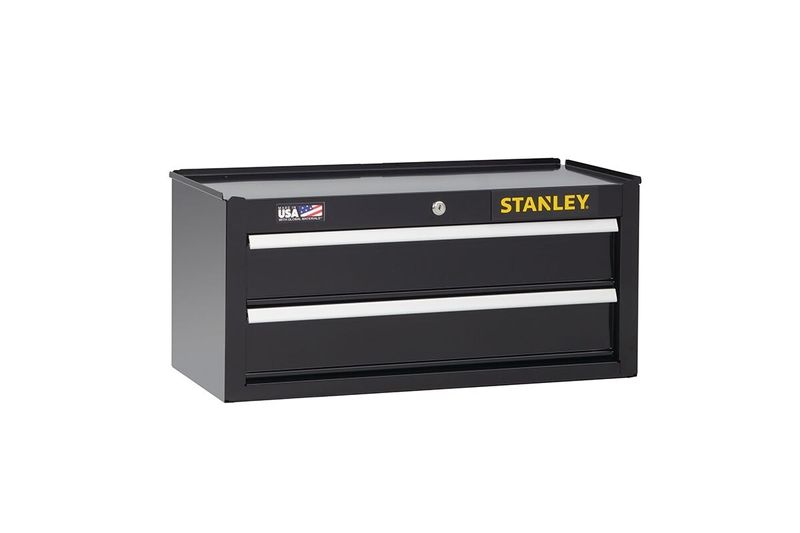 Gabinete metálico para herramientas 300 series Stanley de 26 pulgadas y 2 cajones, color negro visto de frente