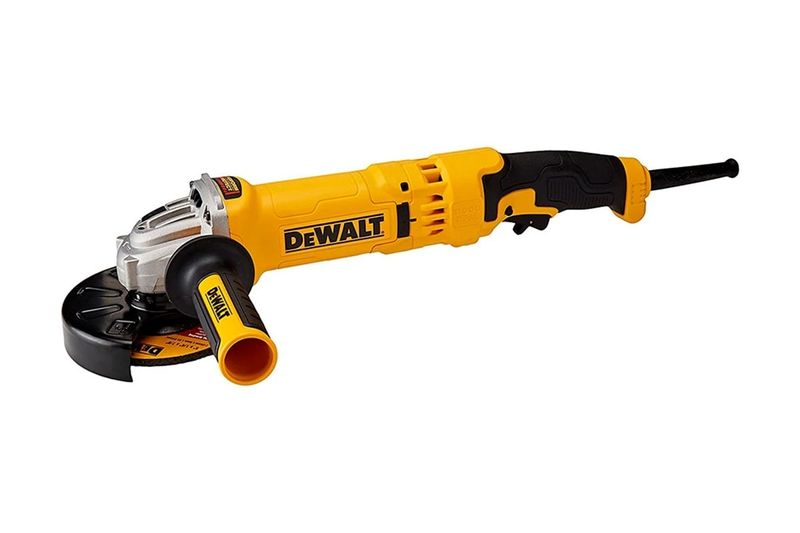 Esmeriladora angular eléctrica DeWALT de 4-1/2" a 5 pulgadas, 1500 W y 11000 RPM, cuerpo amarillo con mango lateral
