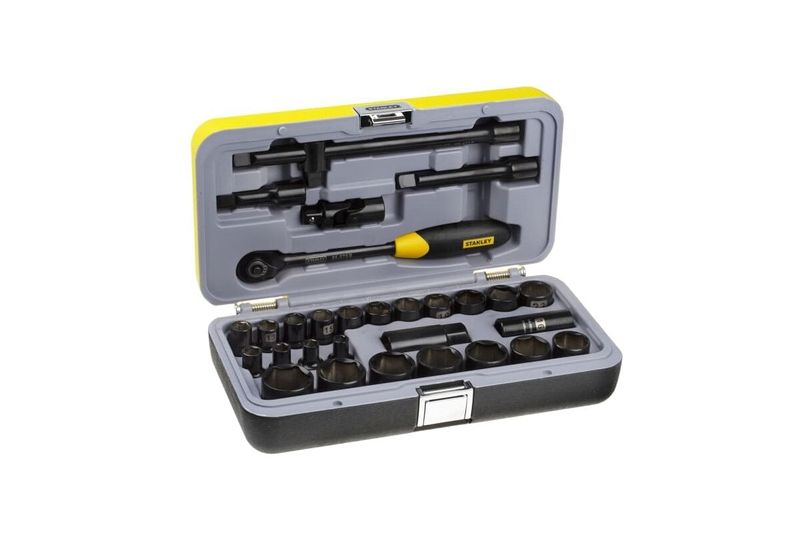 Juego de copas 1/2 pulgada 30 piezas cromo negro Stanley, set completo organizado en estuche rígido amarillo y gris