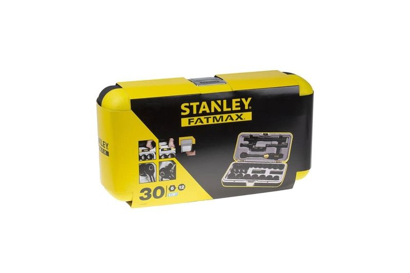 Juego de copas 1/2 pulgada 30 piezas cromo negro Stanley, estuche amarillo cerrado con ilustraciones del contenido