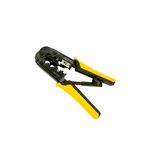 Tenaza pelacable 3 en 1 RJ45/RJ11/RJ12 Stanley, vista lateral abierta con mangos amarillos y cuerpo negro