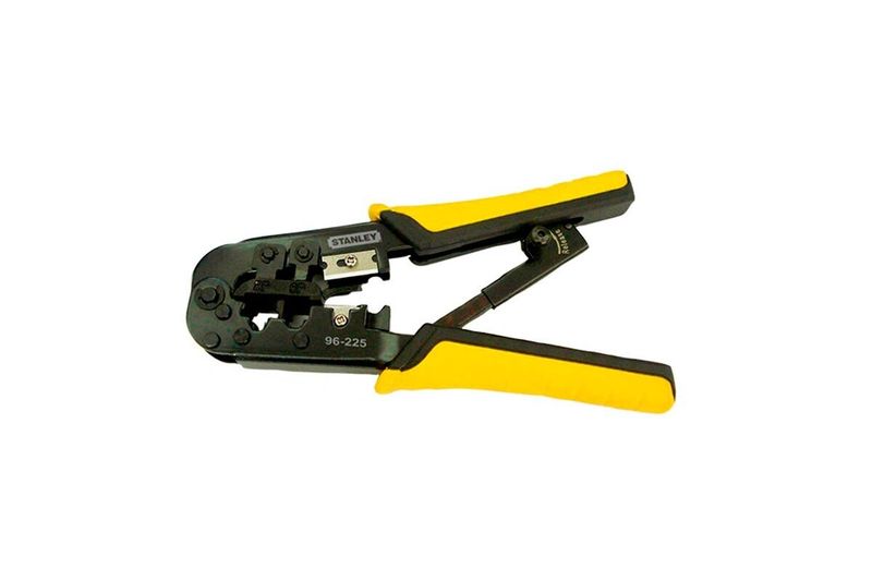 Tenaza pelacable 3 en 1 RJ45/RJ11/RJ12 Stanley, vista lateral con mangos amarillos y cuerpo metálico negro