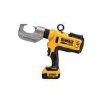 Prensa terminal inalámbrica de 12 ton, 750 MCM y 20 V DeWalt, vista lateral de la herramienta amarilla y negra con batería