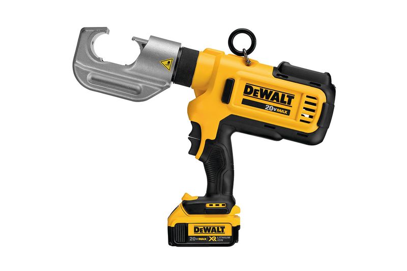Prensa terminal inalámbrica de 12 ton, 750 MCM y 20 V DeWalt, vista lateral de la herramienta amarilla y negra con batería