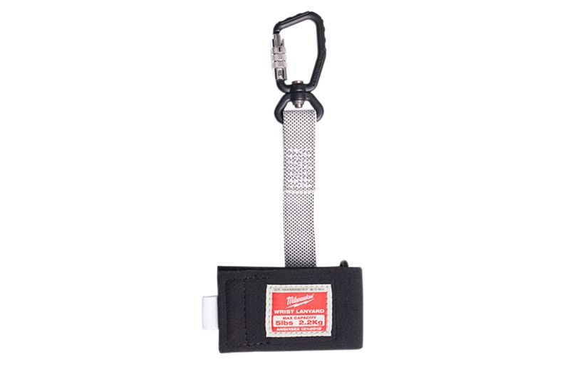 Cordón de muñeca para sujetar herramientas Milwaukee de 5 lbs con conexión rápida, vista frontal del equipo completo