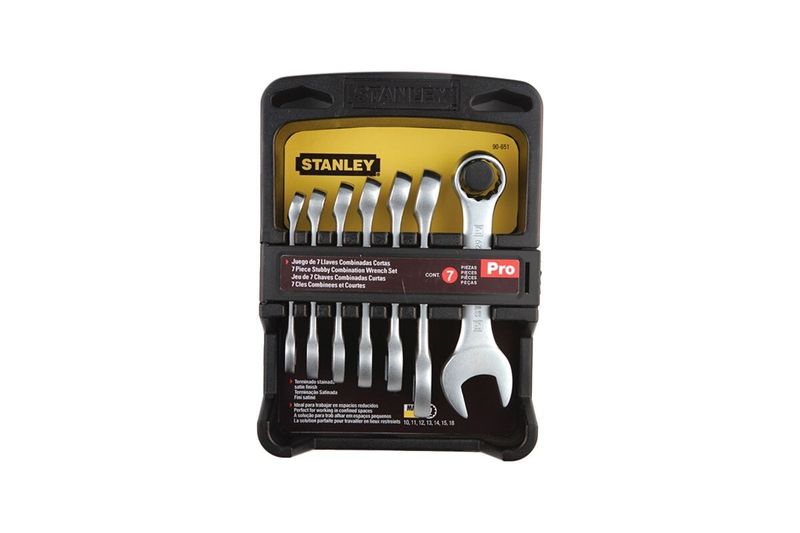 Juego de llaves combinadas 10-19 mm 7 piezas Stanley, organizador plástico negro con las llaves dispuestas en orden