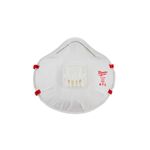 Mascarilla desechable con válvula Milwaukee N95 de 1 pieza, vista frontal blanca con válvula central y elásticos rojos