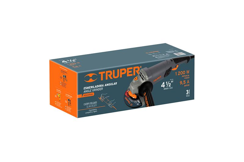 Esmeriladora angular eléctrica industrial Truper de 4-1/2 pulgadas, 1250 W y 110 V, vista de su caja de empaque