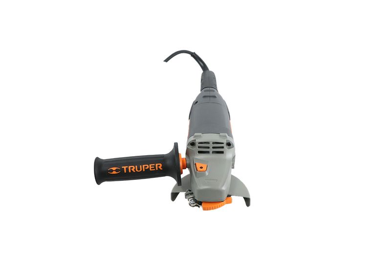 Esmeriladora angular eléctrica industrial Truper de 4-1/2 pulgadas, 1250 W y 110 V, vista frontal con mango lateral