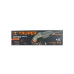 Esmeriladora angular eléctrica industrial Truper de 4-1/2 pulgadas, 1250 W y 110 V, en su caja de empaque negra y naranja