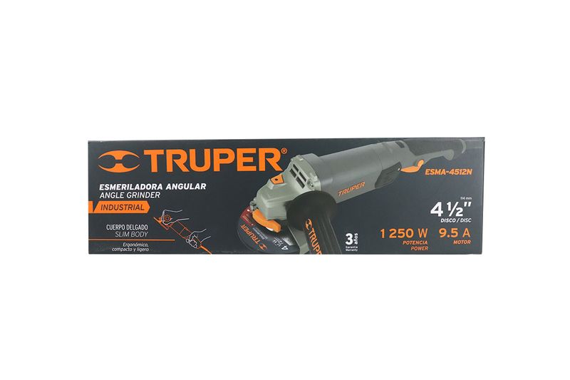 Esmeriladora angular eléctrica industrial Truper de 4-1/2 pulgadas, 1250 W y 110 V, en su caja de empaque negra y naranja