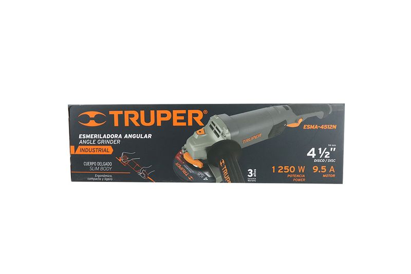 Esmeriladora angular eléctrica industrial Truper de 4-1/2 pulgadas, 1250 W y 110 V, en su caja con ilustración del equipo
