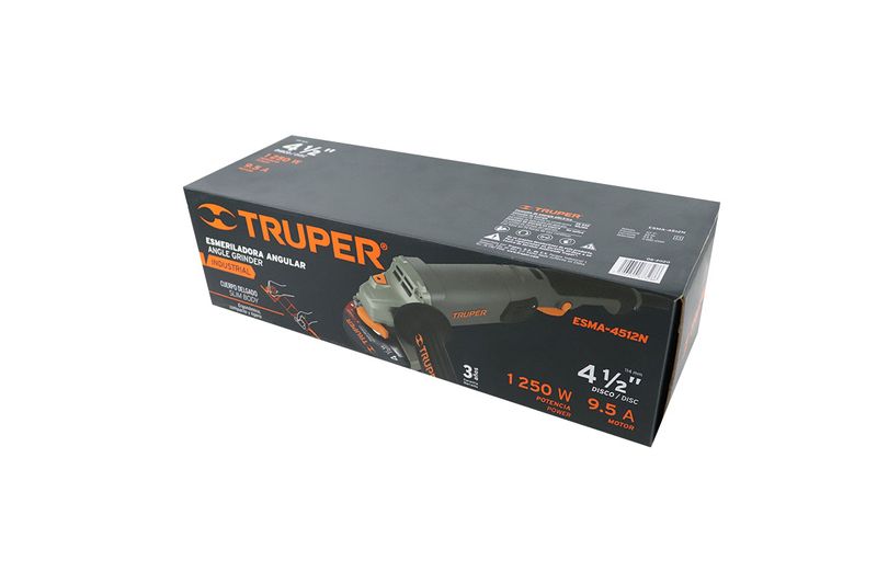 Esmeriladora angular eléctrica industrial Truper de 4-1/2 pulgadas, 1250 W y 110 V, en su caja de cartón negra y naranja